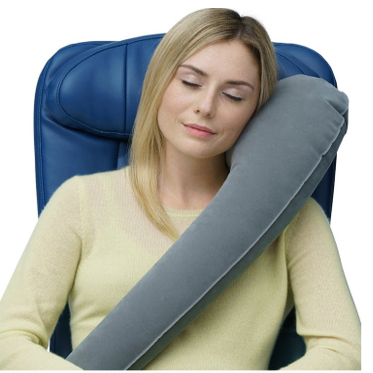 J-Shaped Inflatable Travel Pillow for Cars, Flights &amp; Rest Breaks - Flannel Material